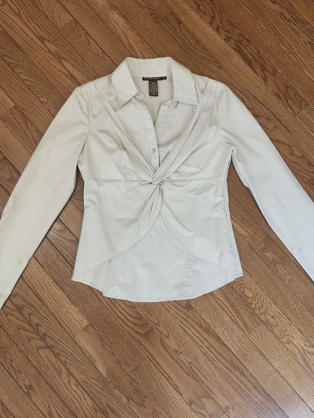 Womens Barami BUSINESS CASUAL Long Sleeve twist-front button-down BEIGE top Sz M